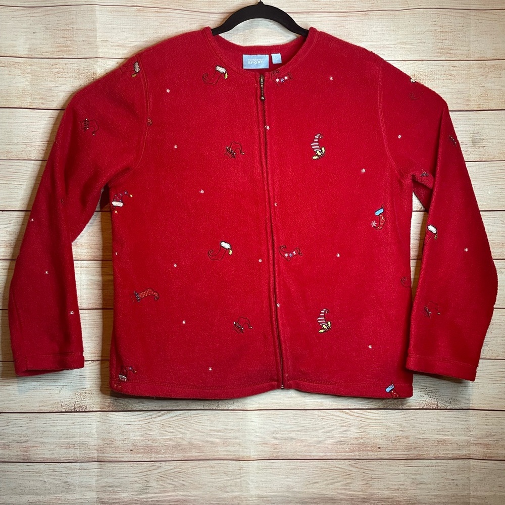 Croft & Barrow Red Holiday Fleese Zip Up Sweatshirt with Stockings size medium - Picture 3 of 12